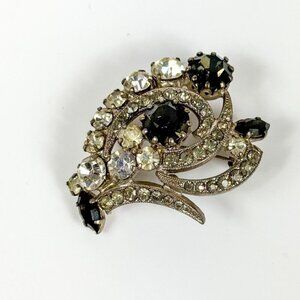 Vintage Austria Black Clear Rhinestones Floral Brooch Silver Tone Lapel Pin